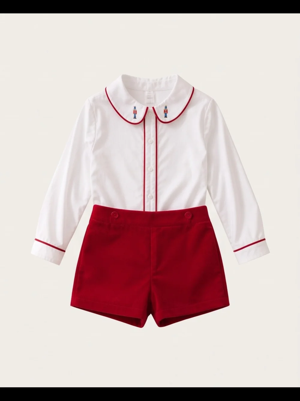 White Peter Pan Collar Top and Red Velvet Shorts Set